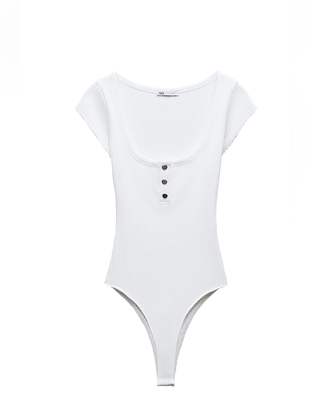 Zara White Ribbed Scoop Neck Button Bodysuit